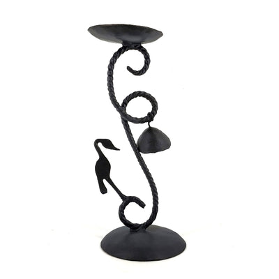 Iron craft Bell and Bird Bastar Art Candle Light Holder (Black, 8.5 inch)