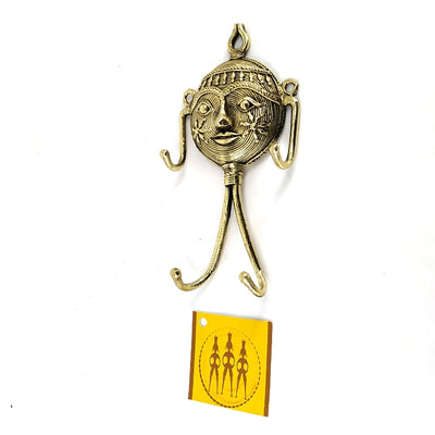 Dhokra Art Brass Mask Key Hanger (Golden, 2 x 6 inch)