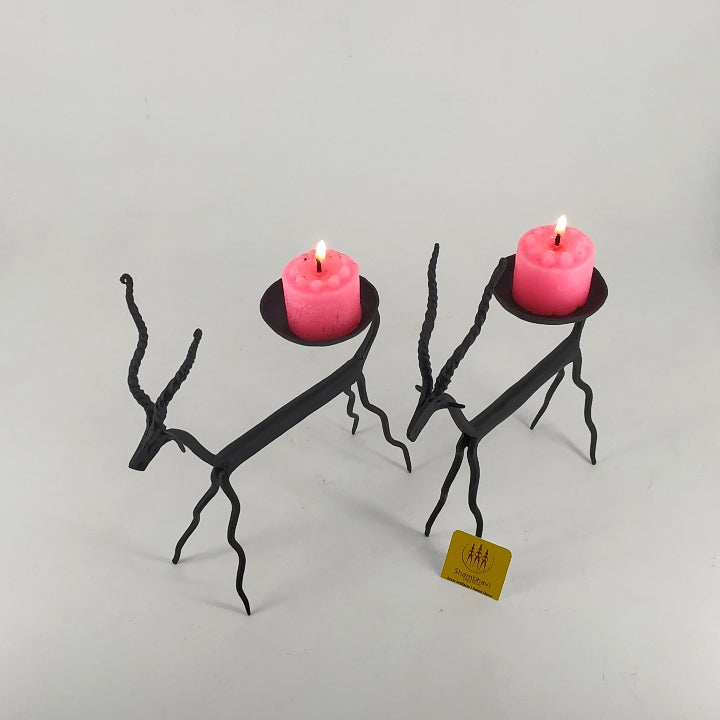 Bastar Iron Craft Decorative Pair of Deer Figurine Candle Holders (Black, 5 inch)