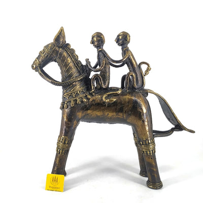 Brass Metal Horse Figurine with Tribal Monkey Riders (Bronze color, 11 inch)