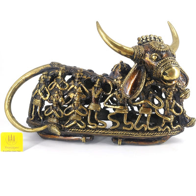 Dhokra Art Figurine Human Connection with Brass Nandi (Bronze color, 12 x 7 inch)