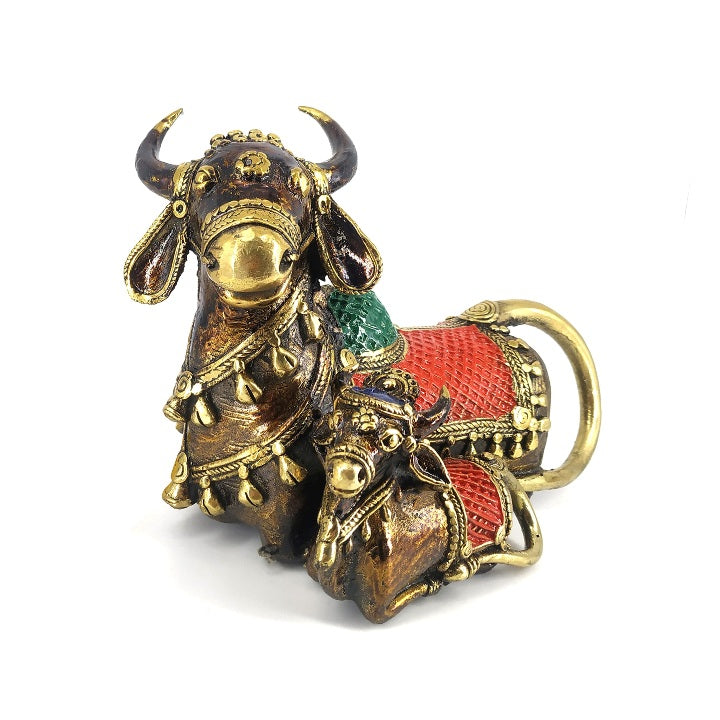 Handmade Brass Cow and Calf Statue in Sitting Posture (Multicolor, 7.5 x 6.5 inch)