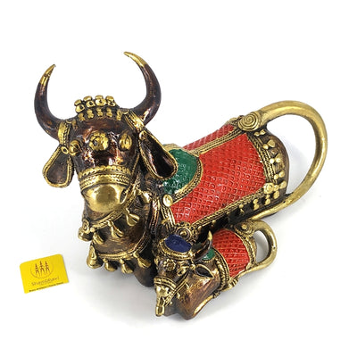 Handmade Brass Cow and Calf Statue in Sitting Posture (Multicolor, 7.5 x 6.5 inch)