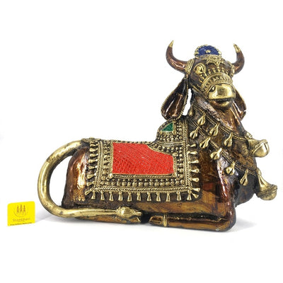 Handcrafted Dhokra Brass Nandi Figurine in Sitting Position (Multicolor, 7.5 inch)