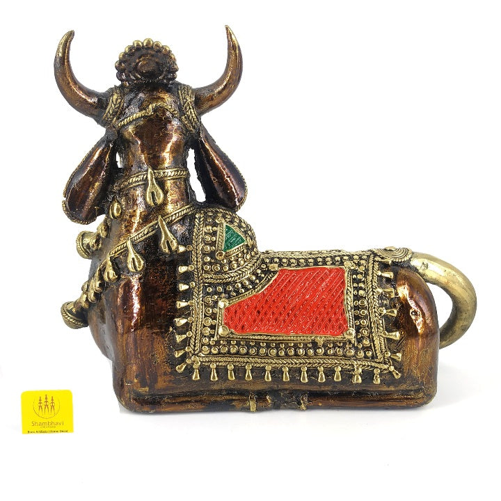 Handcrafted Dhokra Brass Nandi Figurine in Sitting Position (Multicolor, 7.5 inch)