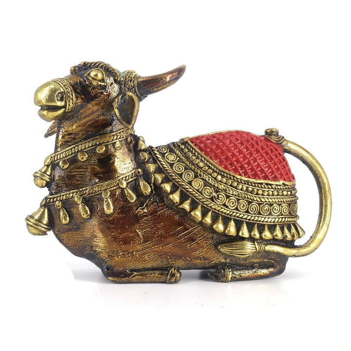 Striking Brass Dhokra Curve Design Nandi Statue (Multicolor, 7.25 x 4.5 inch)