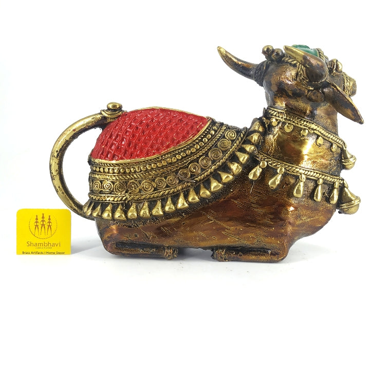 Striking Brass Dhokra Curve Design Nandi Statue (Multicolor, 7.25 x 4.5 inch)