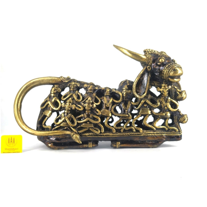 Dhokra Art Figurine Human Connection with Brass Nandi (Bronze color, 12 x 7 inch)