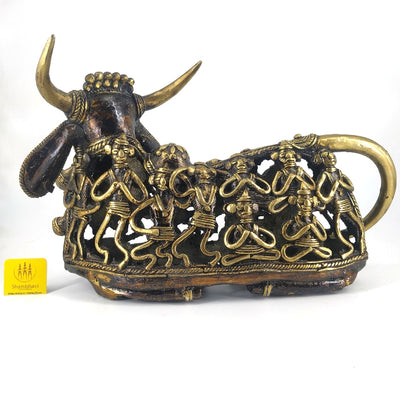 Dhokra Art Figurine Human Connection with Brass Nandi (Bronze color, 12 x 7 inch)