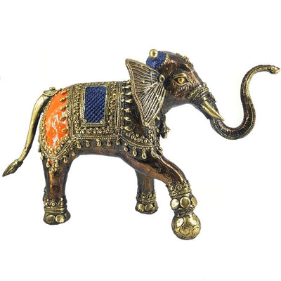 Soccer Playing Elephant Dhokra Art Figurine (Bronze color, 8.5 inch)