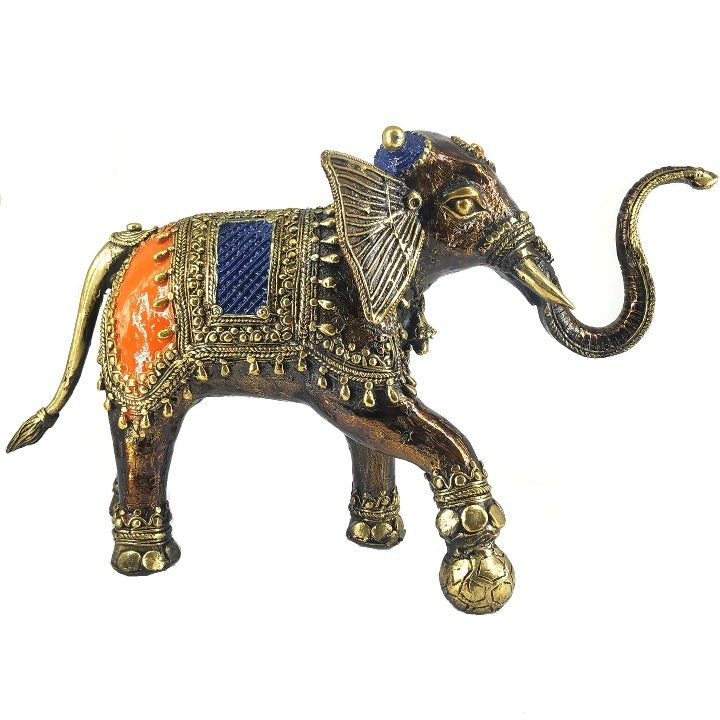 Soccer Playing Elephant Dhokra Art Figurine (Bronze color, 8.5 inch)