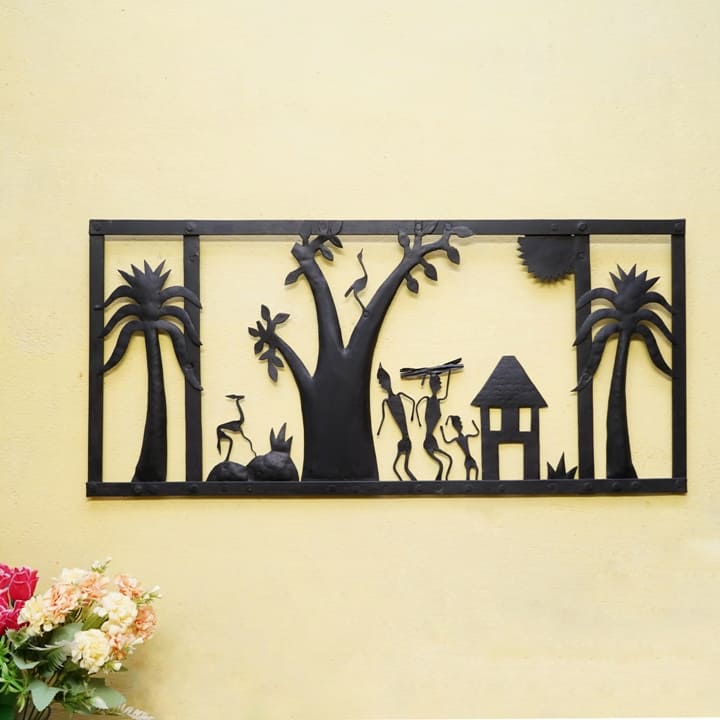 Handmade Decorative Village Life Wall Panel in Wrought Iron (Black, 13 x 28 inch)