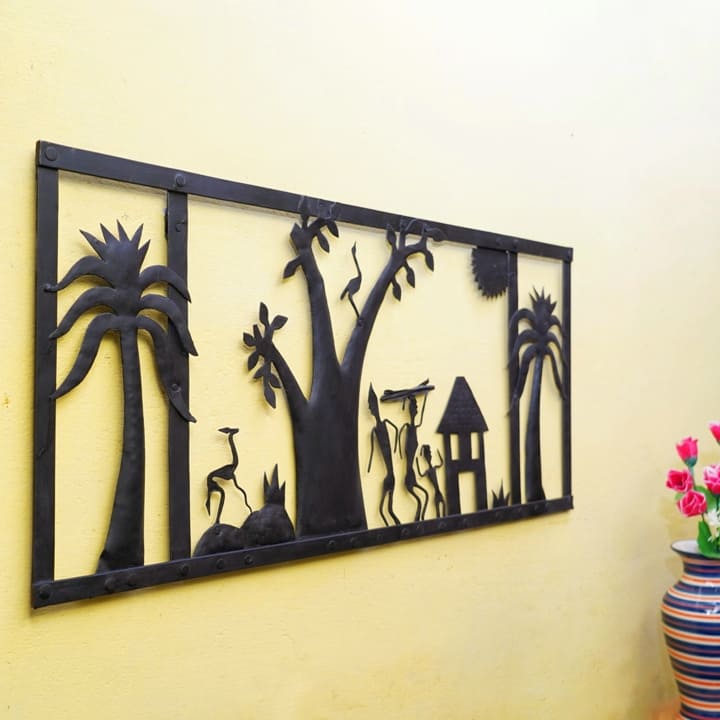 Handmade Decorative Village Life Wall Panel in Wrought Iron (Black, 13 x 28 inch)