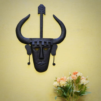 Handmade Madia Tribal Iron Wall Mask of Bastar Art (Black, 17 inch)
