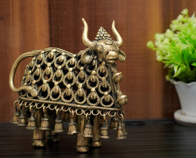 Decorative Brass Nandi Statue of Dhokra Art (Golden, 7 inch)
