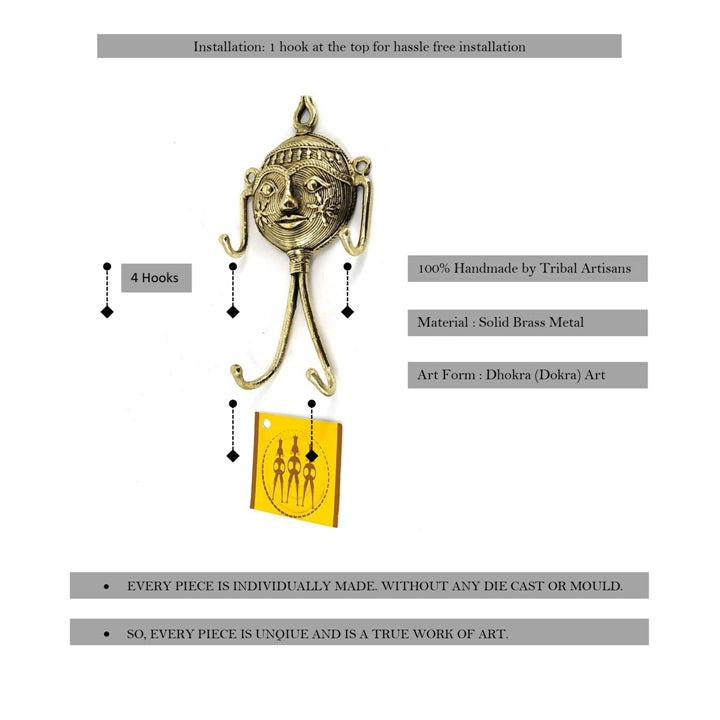 Dhokra Art Brass Mask Key Hanger (Golden, 2 x 6 inch)