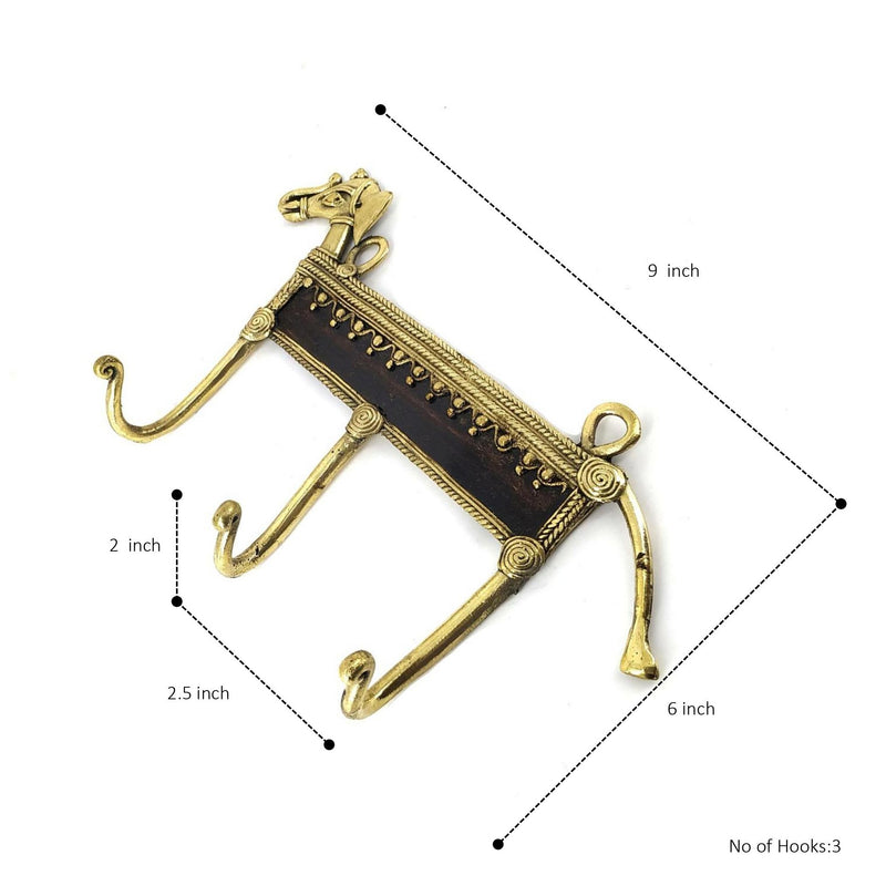 Elephant Design 3 hook Brass Key Holder (Golden, 9 inch)