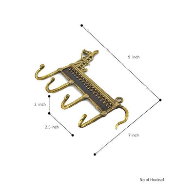 Handmade Brass Metal Horse Design 4-Hook Key Ring Hanger (Golden, 7 x 9 inch)