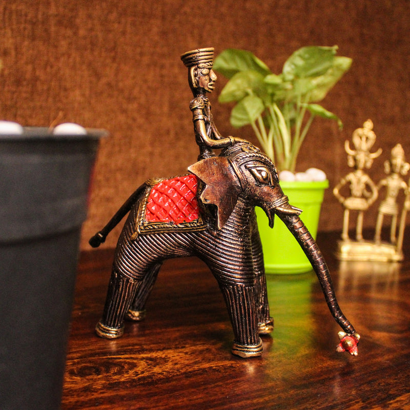 Brass Elephant with Rider (Bronze color, 7.2 inch)