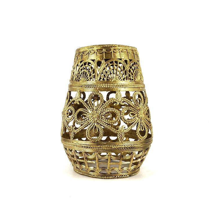 Elegant Brass Dhokra Art Lampshade with Long Flower Motifs (Golden, 9 inch)