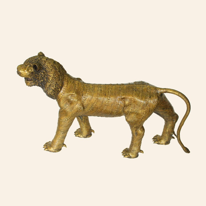 Majestic Indian Lion Brass Statue with Ornate Design (Golden, 39 x 18.5 inch)