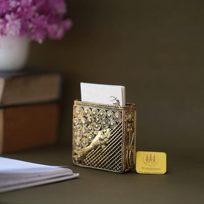 Brass Dhokra art Desktop Organizer with Pen cum Card Holder (Golden, 3 inch)