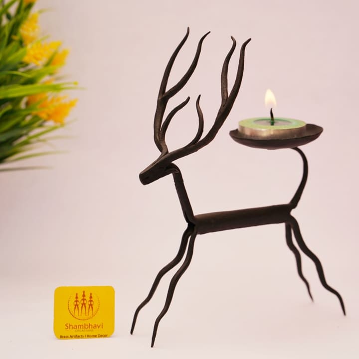 Bastar Tribal Art Deer Design Iron Tea Light Holder (Black, 5 inch)