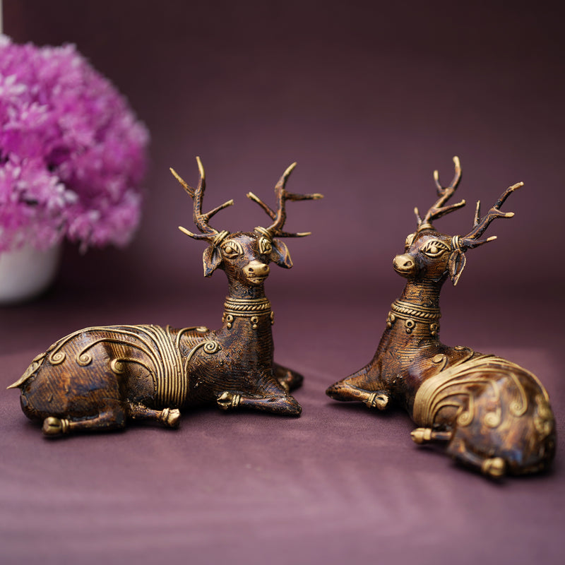 Pair of Brass Deer Dhokra Art Figurine (Bronze color, 5.5 inch)