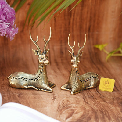 Brass Bell Metal Art Deer Duo Sitting (Golden, 4.5 inch)