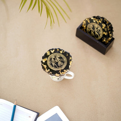 Handmade Black Round Brass and Resin Coasters, 4 inch