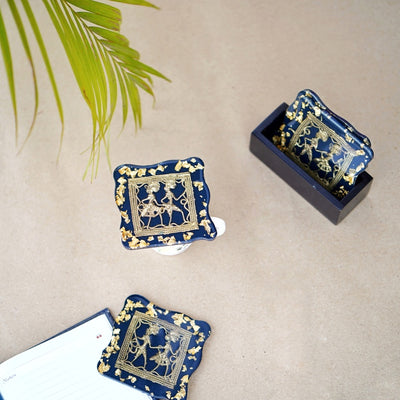 Handcrafted Brass and Resin Square Blue Translucent Coasters, 4 inch