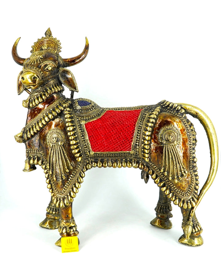Standing Brass Bull Figurine with Bulky Design (Multicolor, 17 inch)