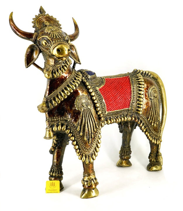 Standing Brass Bull Figurine with Bulky Design (Multicolor, 17 inch)