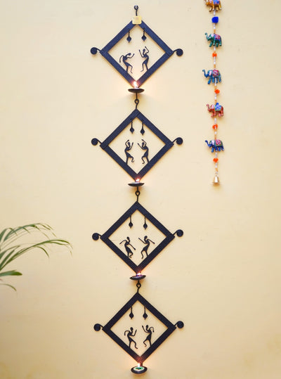Handmade Bastar Iron Craft 'Square Tiles' Tea Light Wall Hanging (Black, 40 inch)