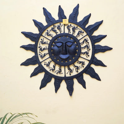 Bastar Art Iron Sun Mask Wall Hanging Decoration (Black, 24 inch)