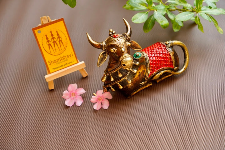 Decorative Dhokra Brass Nandi Bull Statue (Multicolor, 7.25 x 5 inch)