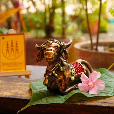 Tribal Art Decorated Brass Nandi Statue (Multicolor, 4.5 x 3 inch)