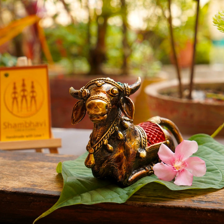 Tribal Art Decorated Brass Nandi Statue (Multicolor, 4.5 x 3 inch)