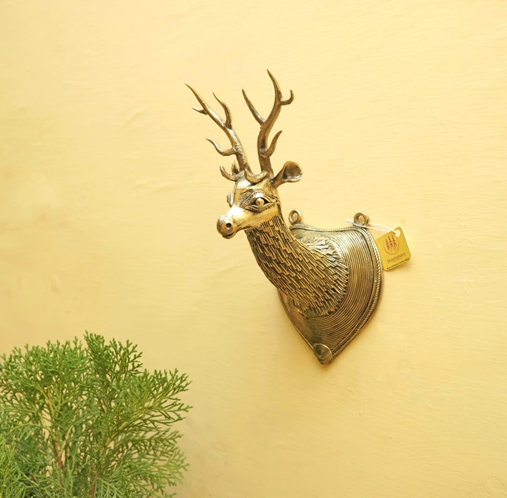 Brass Deer Head, Textured, Mazed Antlers (Golden, 10 inch)
