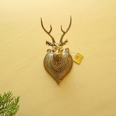 Dhokra Art Brass Textured Deer Head Hanging Wall Art (Golden, 8.5 inch)