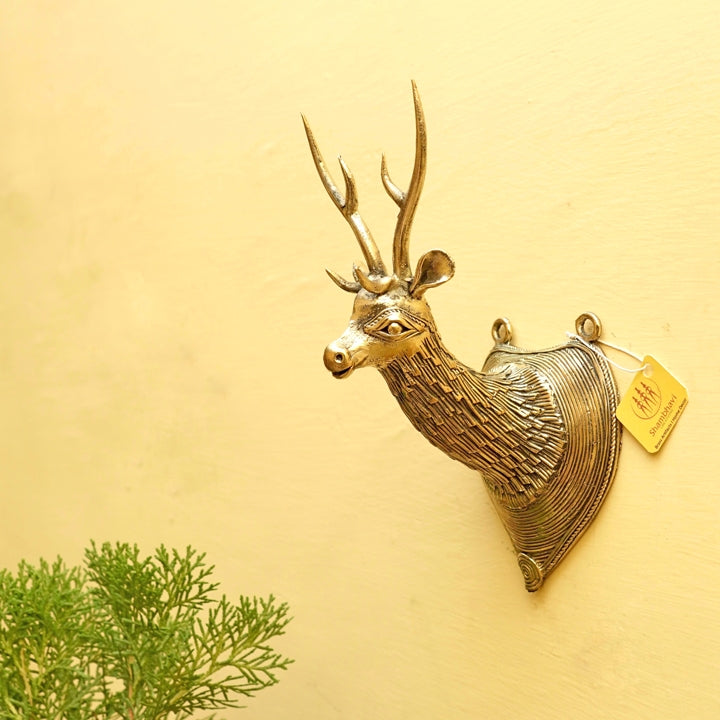 Dhokra Art Brass Textured Deer Head Hanging Wall Art (Golden, 8.5 inch)