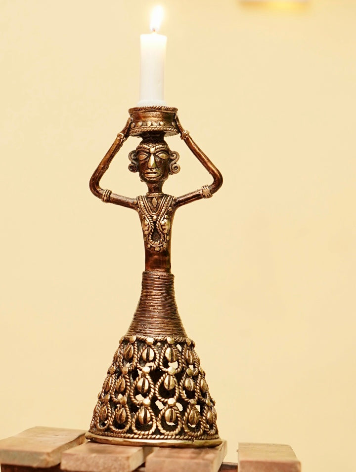 Handcrafted Brass Metal Tribal Woman Candle Holder (Bronze color, 8.4 inch)