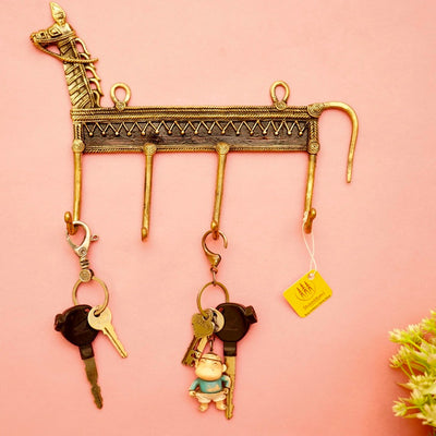 Handmade Brass Metal Horse Design 4-Hook Key Ring Hanger (Golden, 7 x 9 inch)