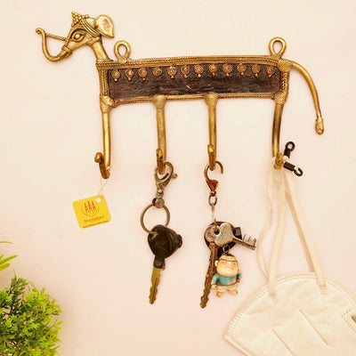 Handmade Brass Elephant Design 4 hook Key Hanger (Golden, 10 inch)