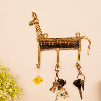 Handmade Brass Metal Horse Design 3 Hooks Key Hanger (Golden, 7 x 8.5 inch)