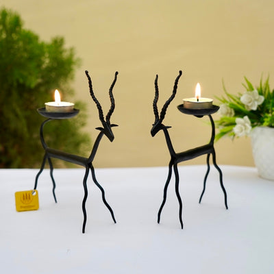 Bastar Iron Craft Decorative Pair of Deer Figurine Candle Holders (Black, 5 inch)