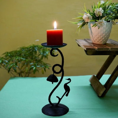 Iron craft Bell and Bird Bastar Art Candle Light Holder (Black, 8.5 inch)