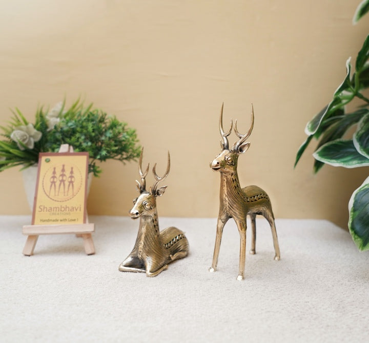 Brass Deer Pair, Standing and Sitting (Golden, 6.5, 4.5 inch)