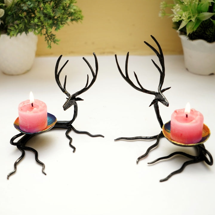 Handmade Iron Reindeer-Shaped Candle Holders from Bastar Art (Black, 4 inch)