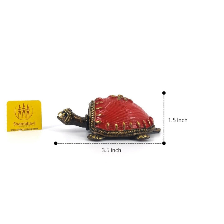 Handcrafted Dhokra art bell metal turtle figurine with size reference showing 3.5 inch length and 1.5 inch height for vastu and decor use